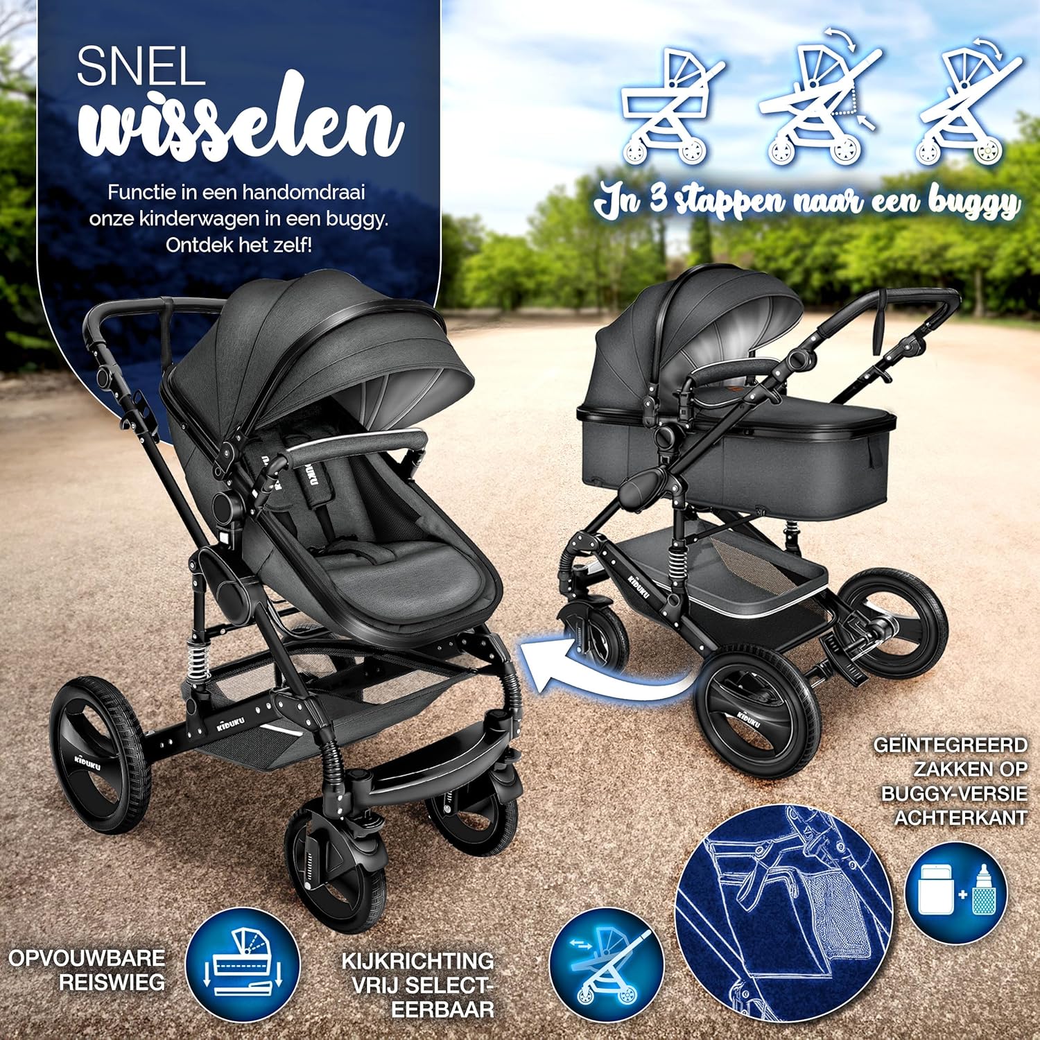 Kinderwagen 3 in 1 - Buggy - Wandelwagen - Kinderbuggy - Antraciet - KIDUKU®