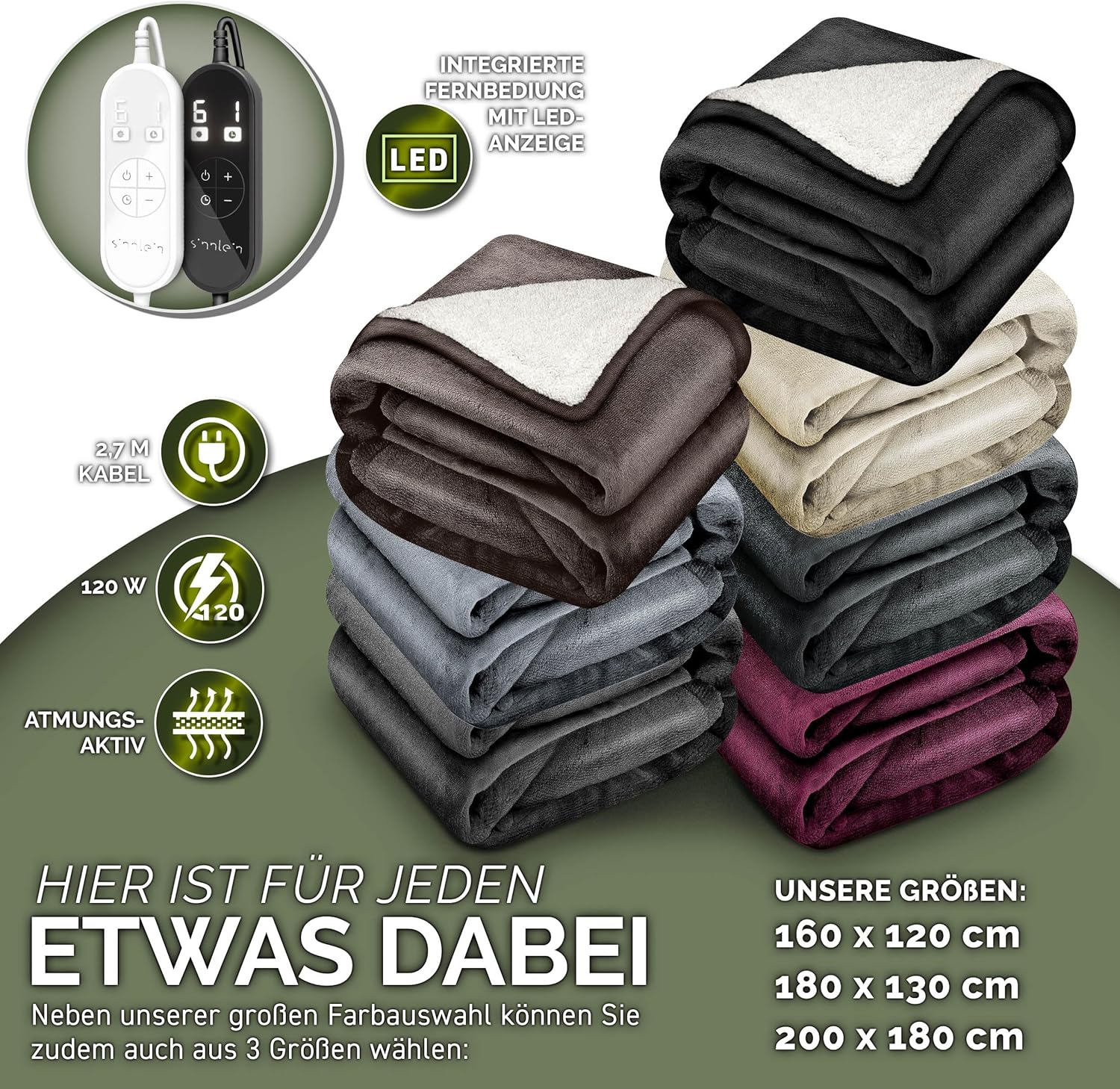 sinnlein® Elektrische deken met automatische uitschakeling, 200 x 180 cm, elektrische warmtedeken met 9 temperatuurniveaus, knuffeldeken, wasbaar, bed, bank, elektrische deken, met