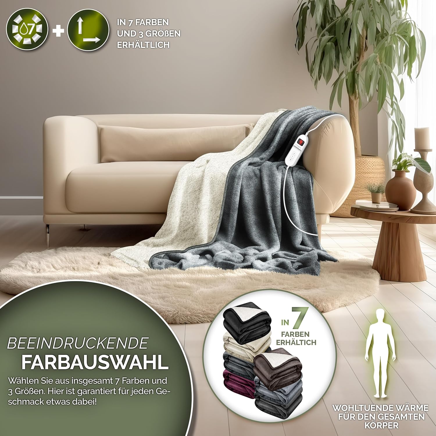 sinnlein® Elektrische deken met automatische uitschakeling, 180 x 130 cm, TÜV SÜD GS-getest, elektrische warmtedeken met 9 temperatuurniveaus, knuffeldeken, wasbaar, bed, bank, elektrische deken, met