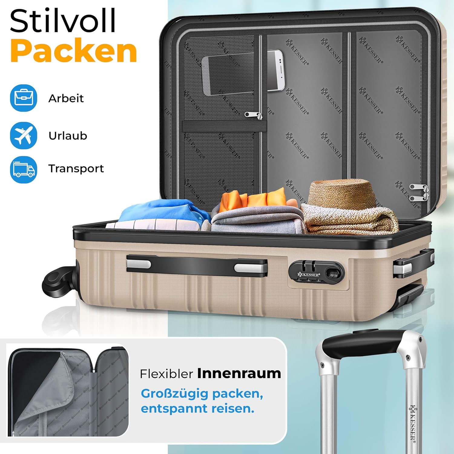 Kofferset - 3 delig - Trolley - Reiskofferset - Beige - KESSER®