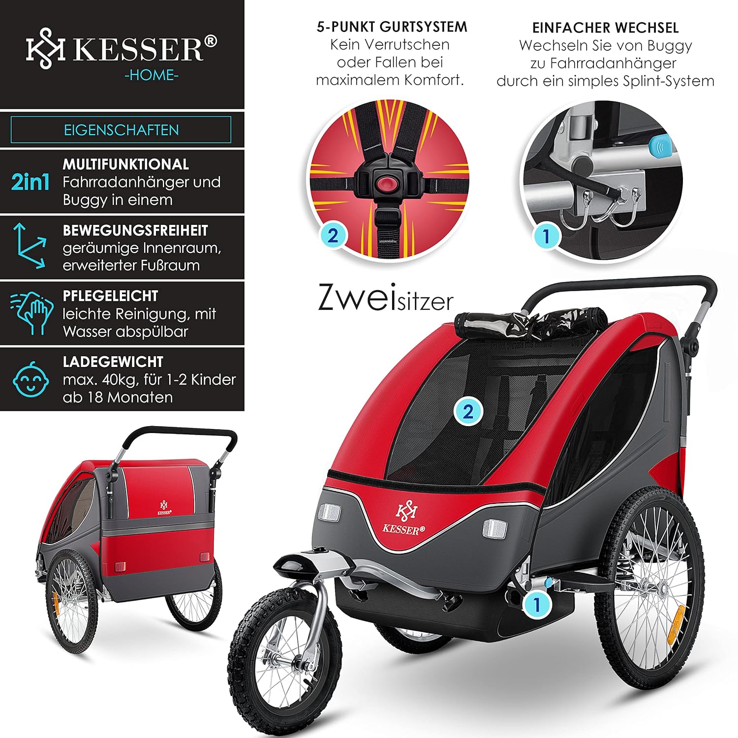 KESSER® Fietsaanhanger met vering - Max. 40kg - Rood