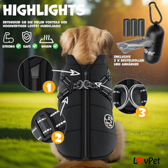 LOVPET® Hondenjas, hondenjas met harnas, incl. 45 stuks poepzakken + dispenser, gevoerd wintervest, waterdicht, gevoerd vest met borstriem, reflectoren, D-ring 2XL, zwart