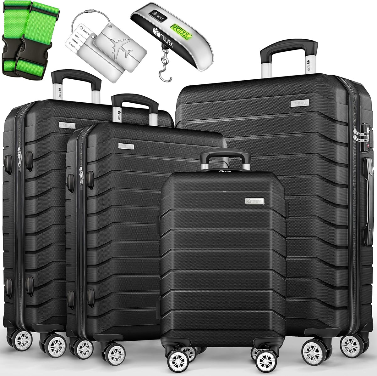 Kofferset - 4 delig - Trolley - Reiskoffer set - Zwart - Tillvex ®