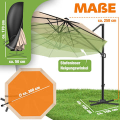 KESSER® Parasol, zweefparasol, SUN rond XL Ø330 cm, 7-voudig verstelbaar, draaibaar, kantelbaar, groot, 360 graden draaibaar, tuinscherm met zwengel, zonbescherming UV50+, incl. windscherm & afdekking