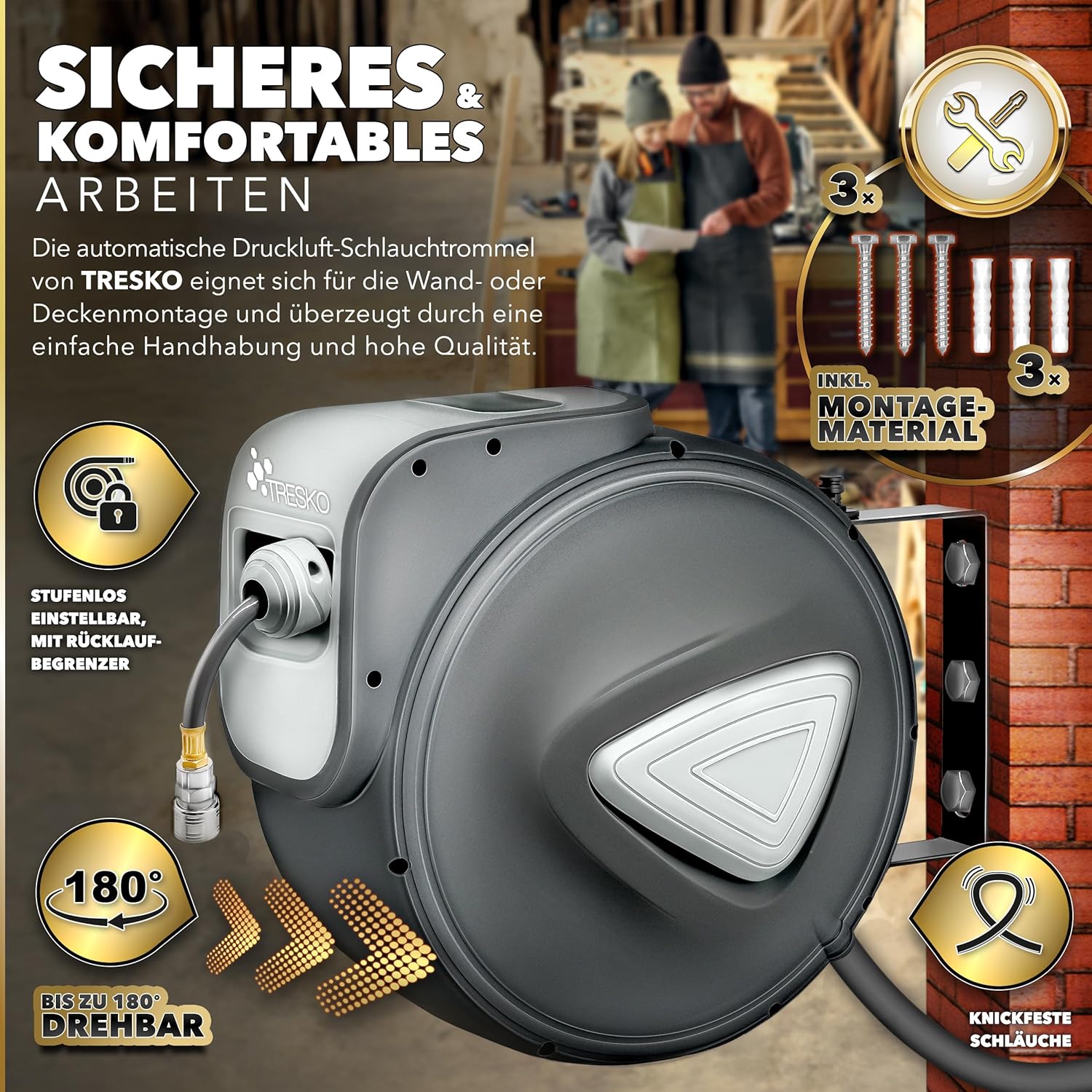 Automatische Luchtslanghaspel - Luchthaspel - 30 meter - Grijs