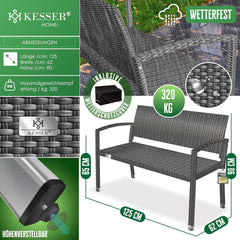 KESSER® Tuinbank, polyrotan, 2-zits, weerbestendig, uv-bestendig, tot 320 kg belastbaar, balkonbank, 125 x 62 x 90 cm, tuinmeubelen met cover en ergonomische armleuningen voor 2 personen, antraciet