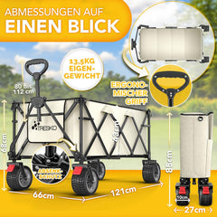 TRESKO® Bolderkar, opvouwbaar, 215 l, met rem, inklapbaar, 150 kg, incl. massief rubberen banden, opvouwbare strandwagen, extra brede all-terrain wielen, transportwagen met draagtas (beige)