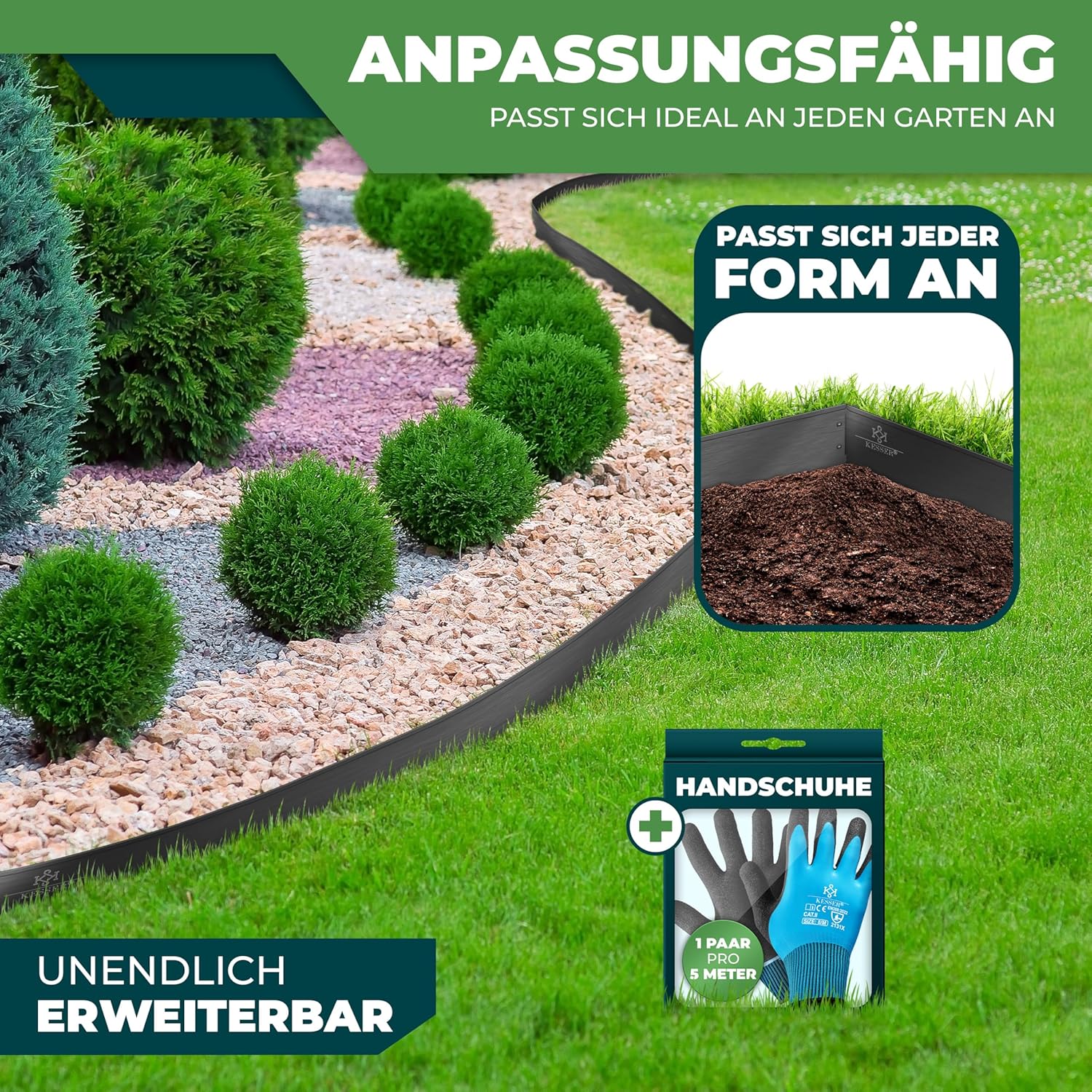 KESSER® Gazonrand - Tuinrand - 5 stuks - 100x18cm - Zwart •