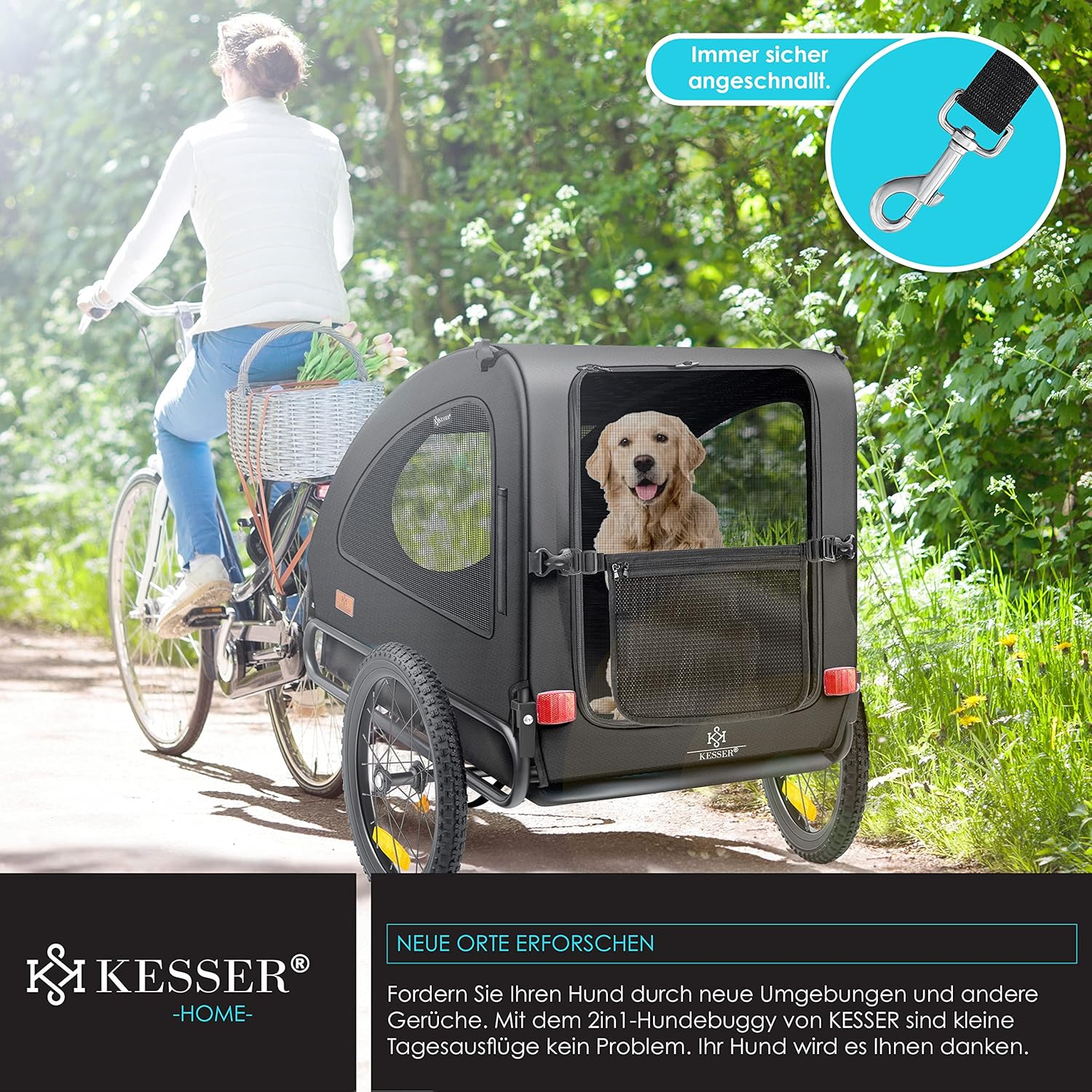 KESSER® Hundeanhänger Boxer 2-in-1 Hundebuggy Fahrradanhänger groß ca. 250L Volumen - Inkl. Fahne und Tasche - 600D Oxford Canvas, Klappbar SmartSpace Concept, max. 45kg