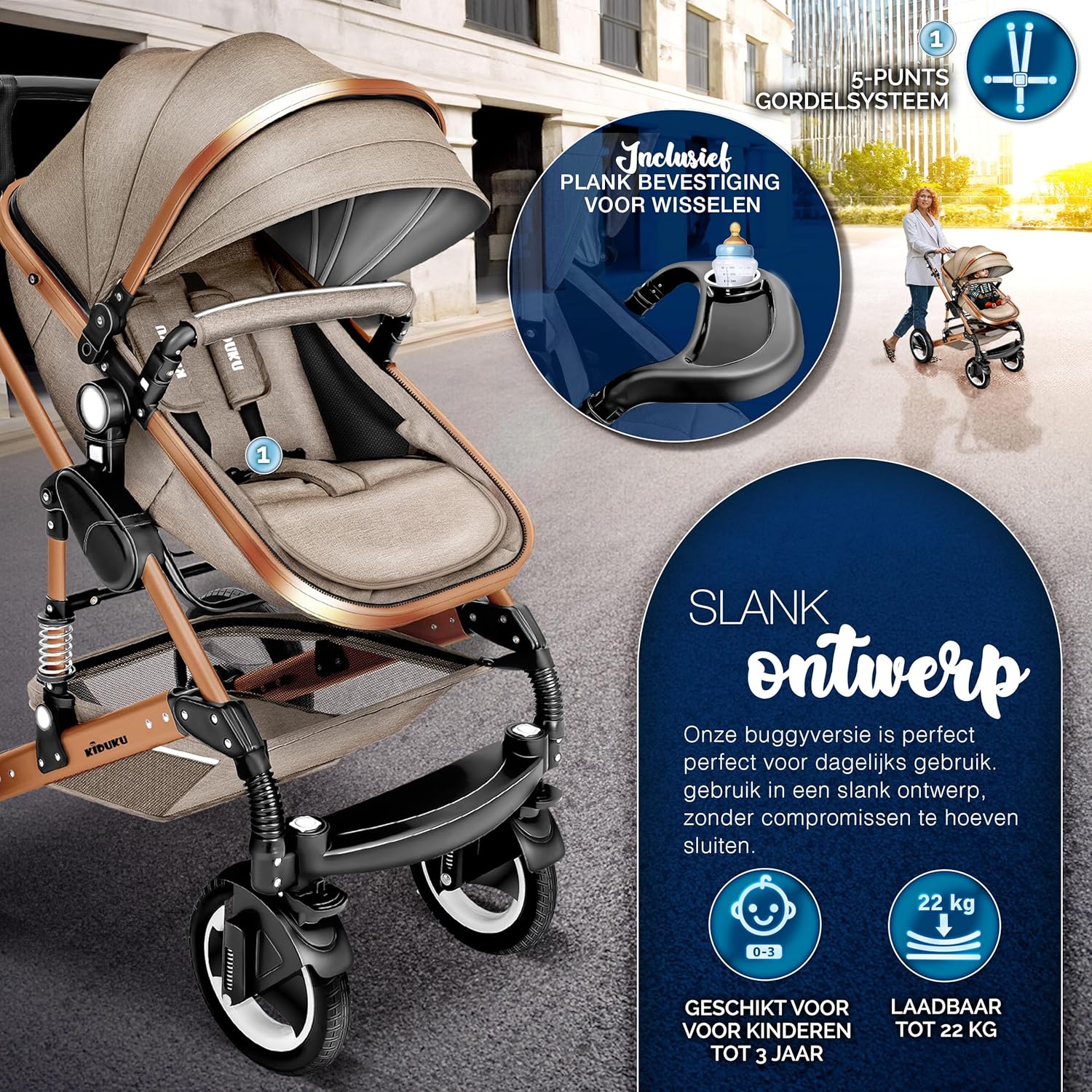 Kinderwagen 3 in 1 - Buggy - Wandelwagen - Kinderbuggy - Beige - KIDUKU®