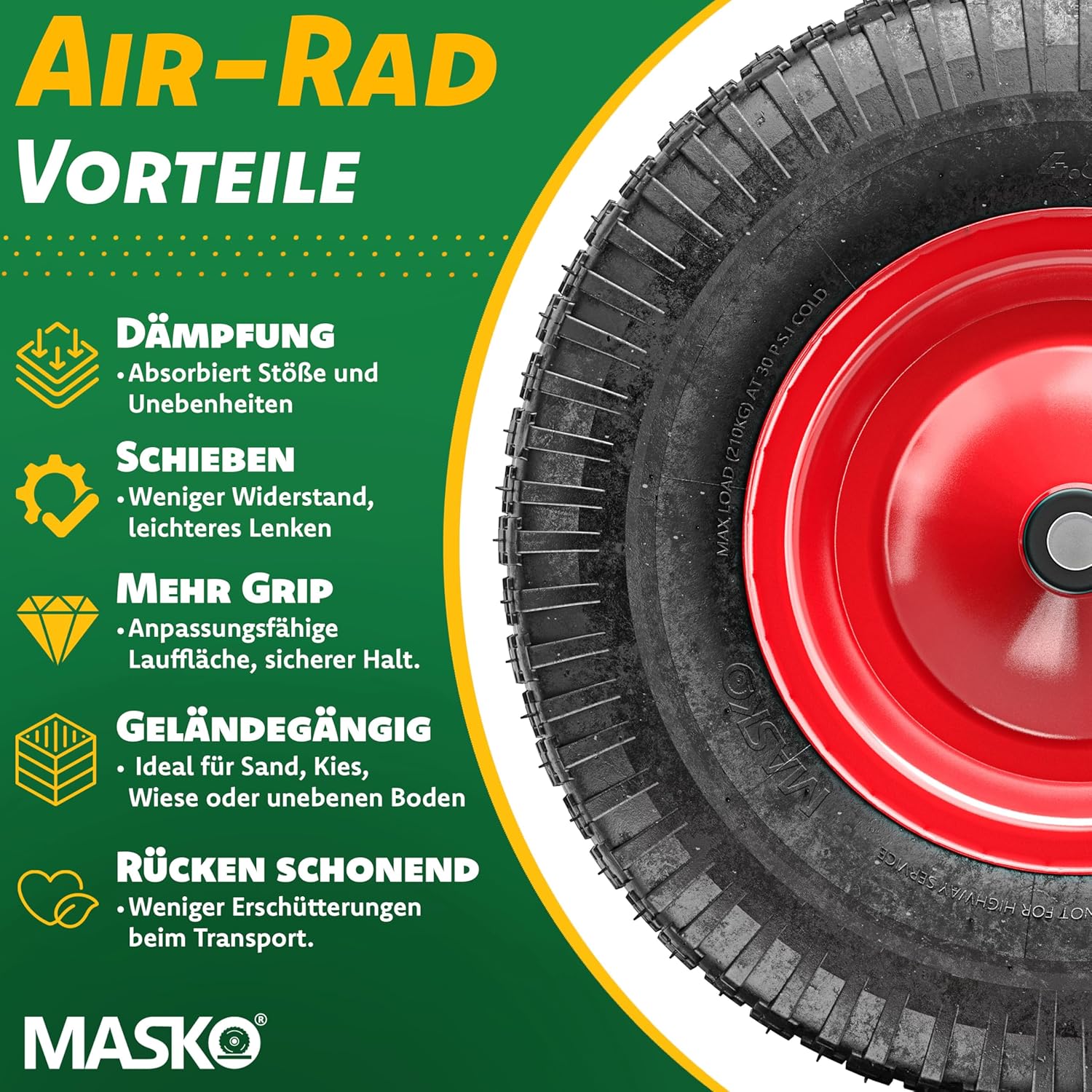 MASKO® Kruiwagenwiel - 40cm - 250kg - Lekbestendig - Rood