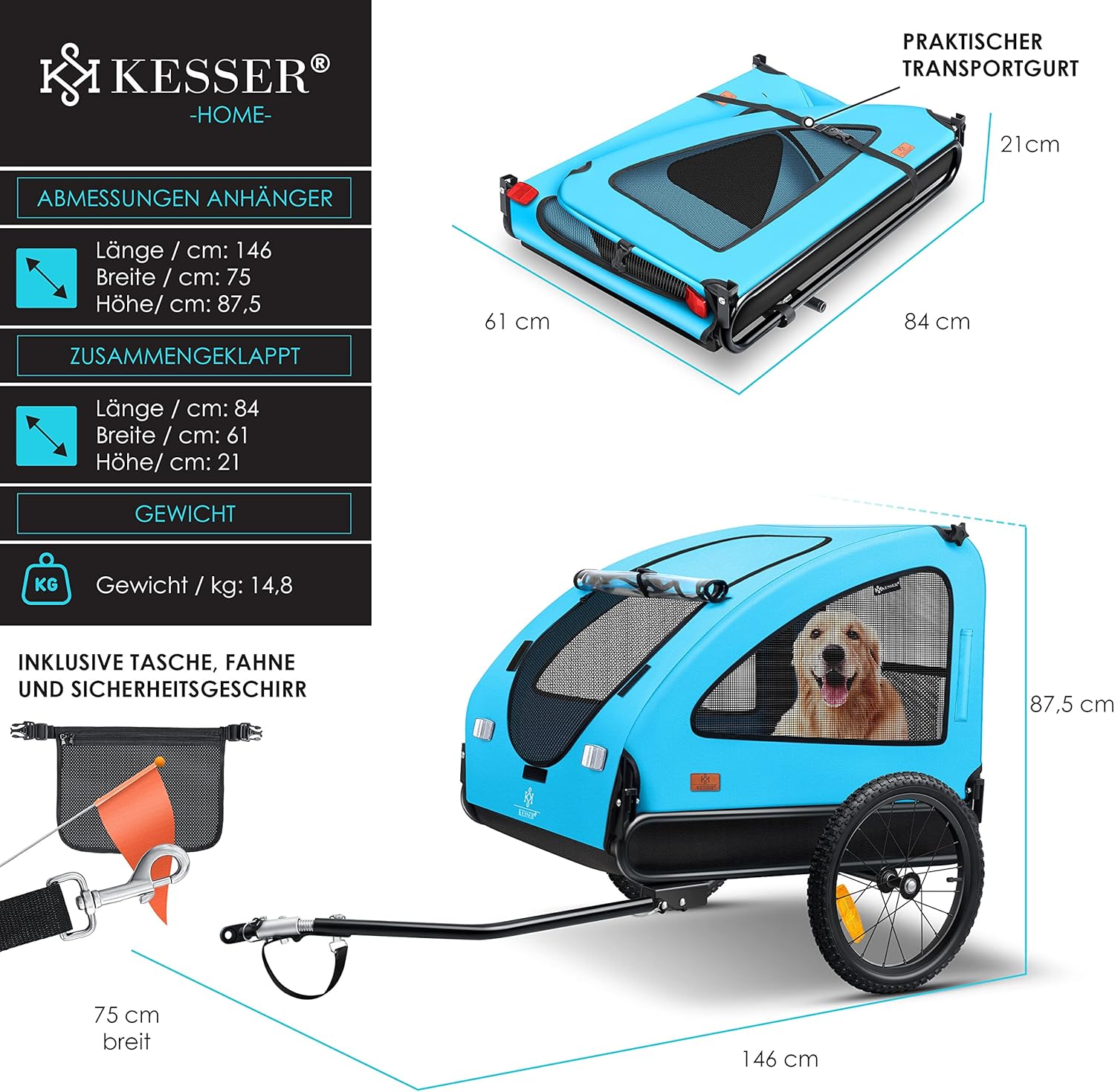 KESSER® Hundeanhänger Boxer 2-in-1 Hundebuggy Fahrradanhänger groß ca. 250L Volumen - Inkl. Fahne und Tasche - 600D Oxford Canvas, Klappbar SmartSpace Concept, max. 45kg