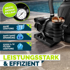 tillvex® AquaBlack Pro Zandfilterinstallatie met timer, 13.200 l/h tot 40.000 l + 1200 g filterballen, filterinstallatie 7-weg ventiel en 2-in-1 adapter Ø 32-38 mm, zwembadfilter, zandfilter