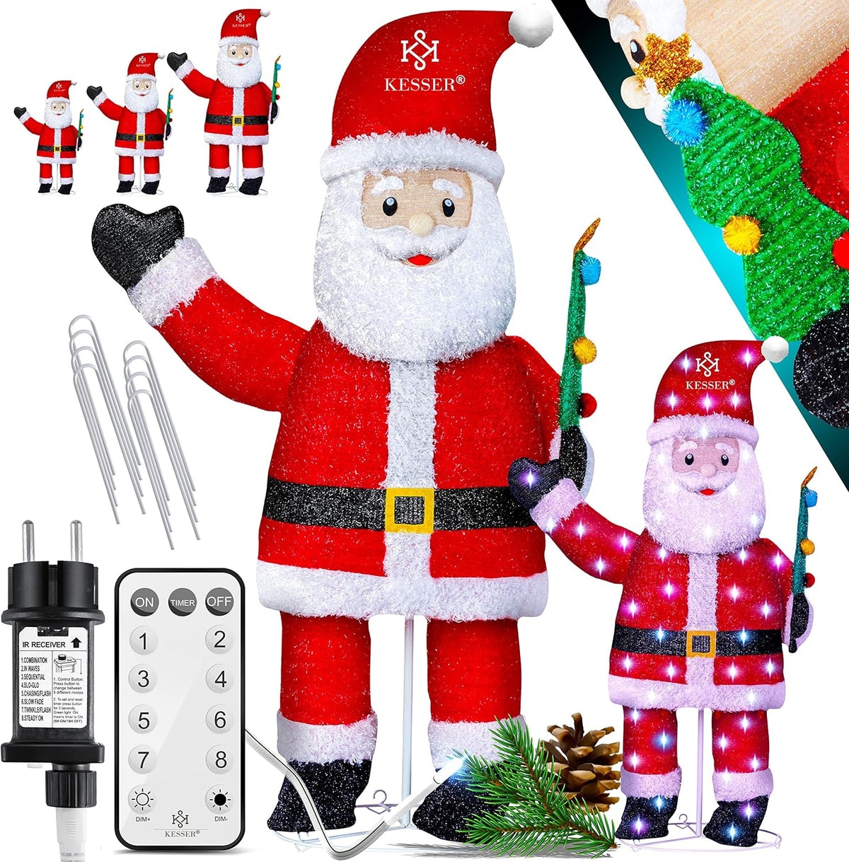 KESSER® Kerstman LED kerstfiguur kerstdecoratie voor binnen en buiten weerbestendig IP44 met afstandsbediening en haringen kerstverlichting kerstdecoratie 180 cm
