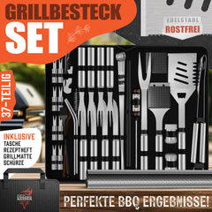 KESSER® Barbecuebestekset, 37-delig, van roestvrij staal, grillset met grilltang, grillspatel, grillvork, grillspies, thermometer, kurkentrekker, grillmat en tas