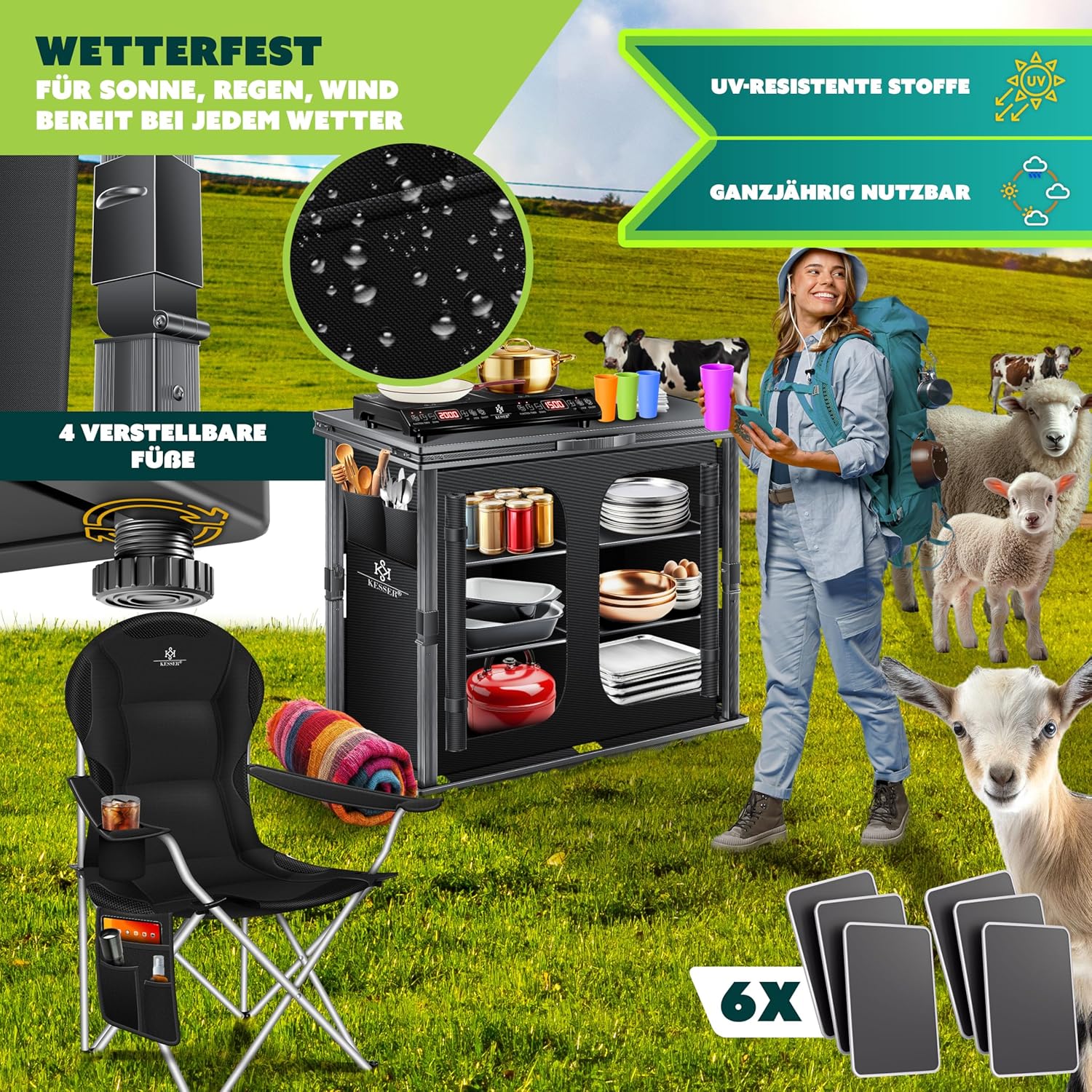 KESSER® Campingkeuken, opvouwbaar, outdoor campingkast, 84 x 80 cm, keukenkast met aluminium frame, 6 vakken incl. 4-delige bekerset, zijvakken en vliegengaas, campingkeuken van UV-bestendige stof
