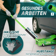 TRESKO Hydraulische krik 3T hefhoogte 75-510 mm | Hydraulische garagekrik voor auto, plat met dubbele zuiger & 360° wielen | krik auto incl. 2 x rubberen pad, beschermingsmat, handschoenen, profielmes, groen
