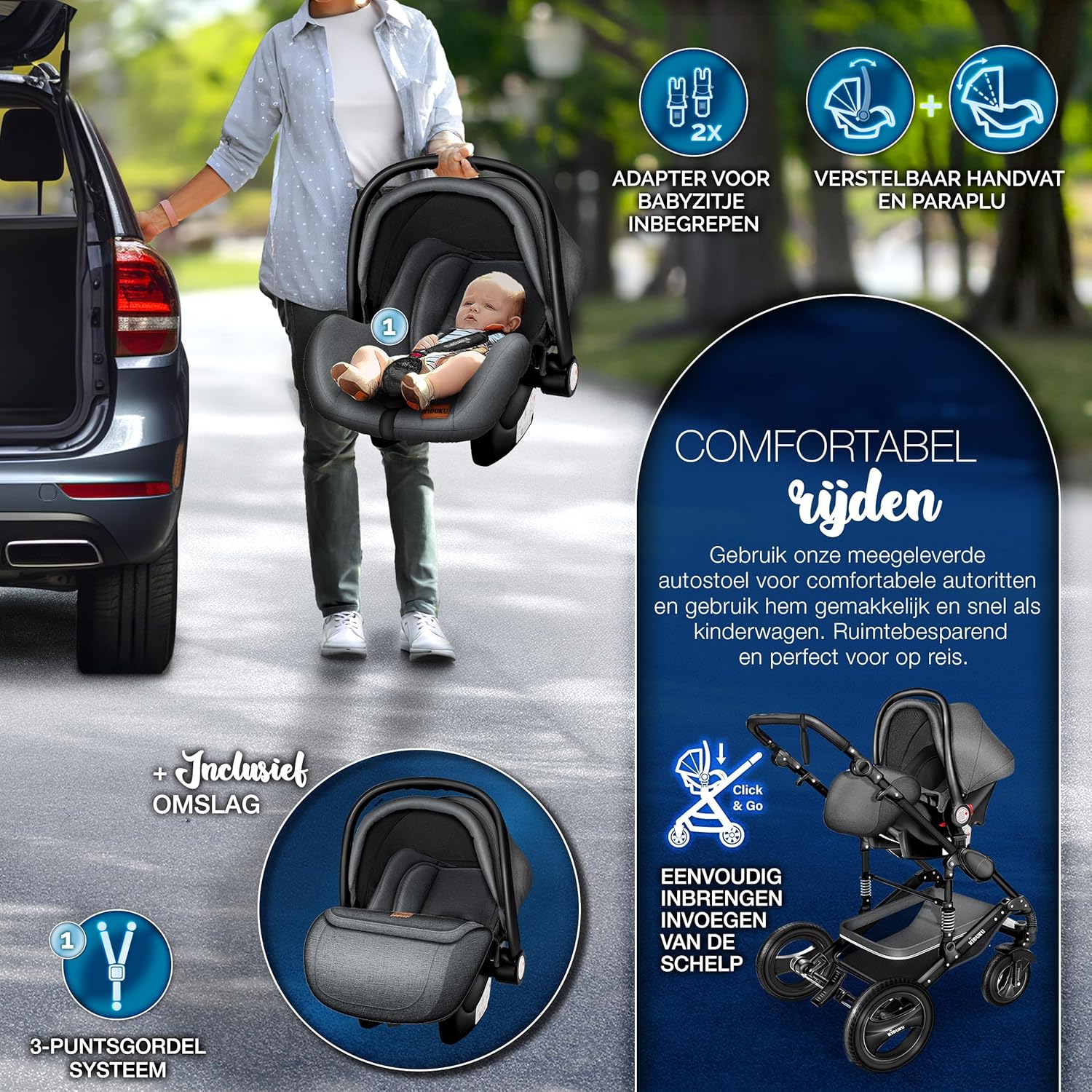 Kinderwagen 3 in 1 - Buggy - Wandelwagen - Kinderbuggy - Antraciet - KIDUKU®
