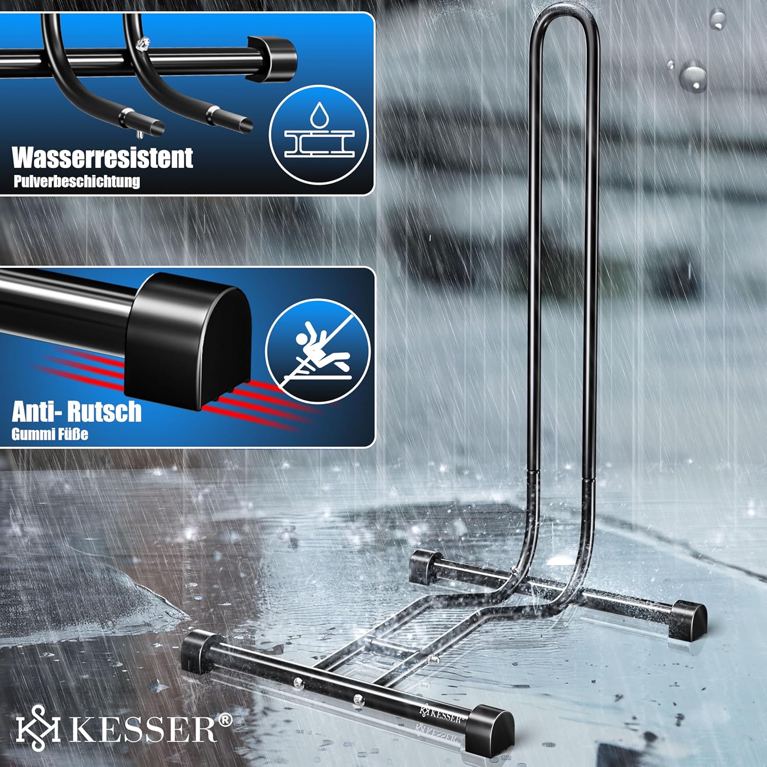 KESSER® Fietsstandaard grond afzonderlijk voor mountainbike, e-bike, stadsfiets, racefiets, MTB | fietsmontagestandaard | vrijstaande fietshouder standaard ijzer | bandbreedte tot 65 mm