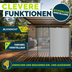 tillvex® Zijmarkies, 180 x 300 cm, uittrekbaar en ondoorzichtig, met regenhoes, inkijkbescherming, balkon, tuin en terras, zijrolgordijn met wandhouder, zonwering van roestvrij staal, grijs