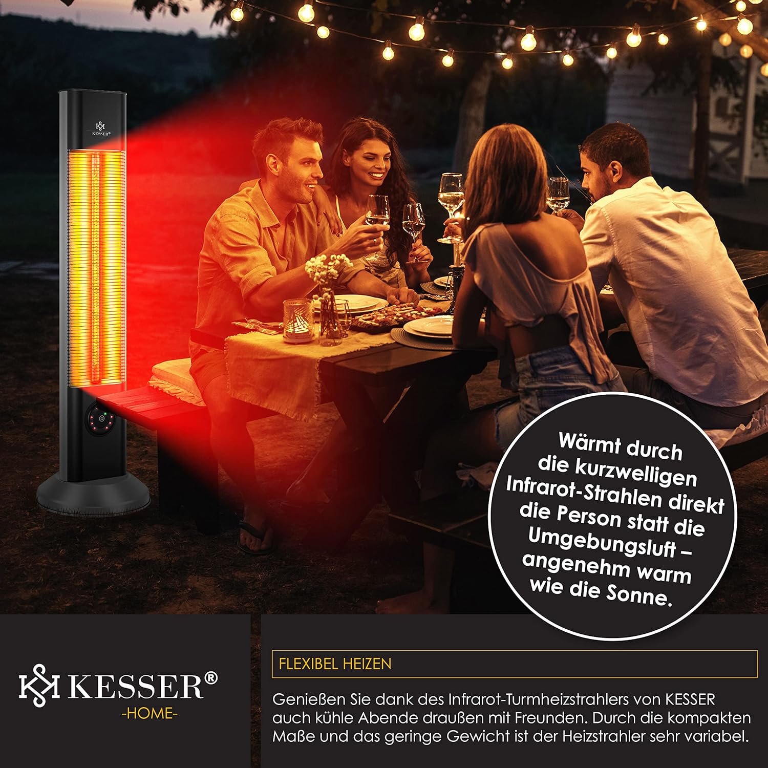 KESSER® Staande warmtestraler, infrarood staande warmtestraler, incl. beschermhoes, warmtestraler, terras, infraroodstraler, torenverwarming, 2000 W, terrasstraler, staande verwarming met