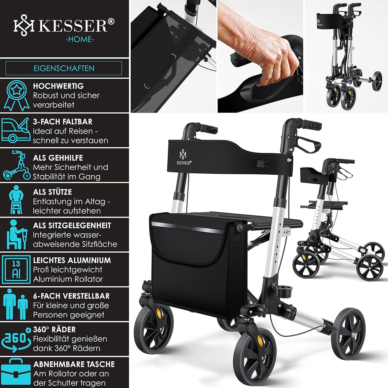 KESSER - Lichtgewicht Rollator - Dubbel Opvouwbaar - Zwart