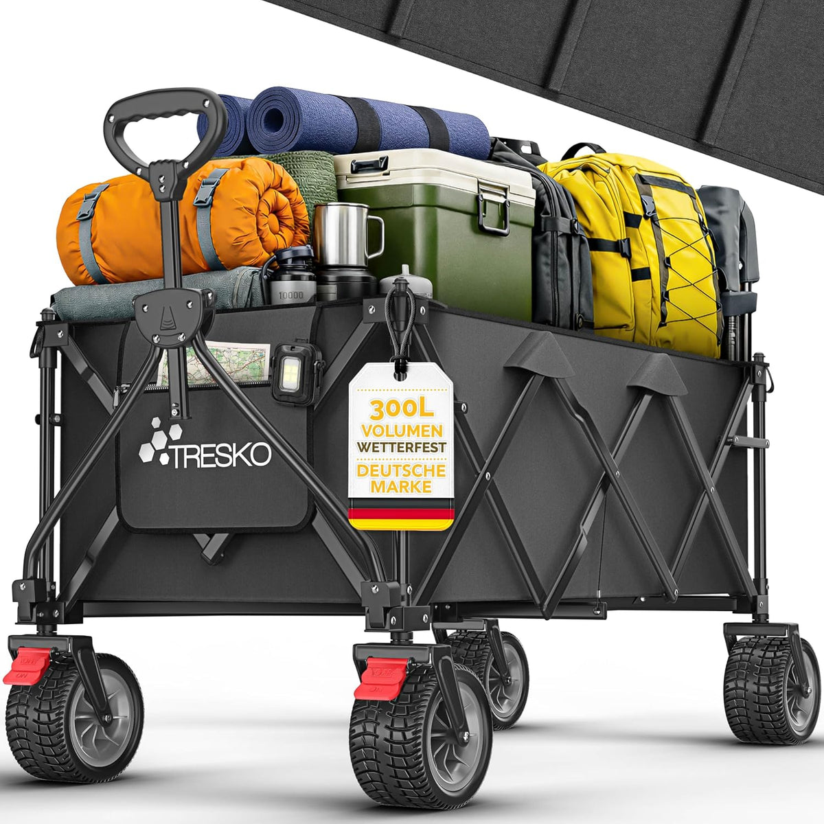 TRESKO® Bolderkar, opvouwbaar, 300 liter, met rem, inklapbaar, 150 kg, incl. massief rubberen banden, opvouwbare strandwagen, extra brede all-terrain wielen, transportwagen met draagtas (zwart)