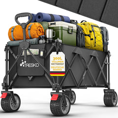 TRESKO® Bolderkar, opvouwbaar, 300 liter, met rem, inklapbaar, 150 kg, incl. massief rubberen banden, opvouwbare strandwagen, extra brede all-terrain wielen, transportwagen met draagtas (zwart)