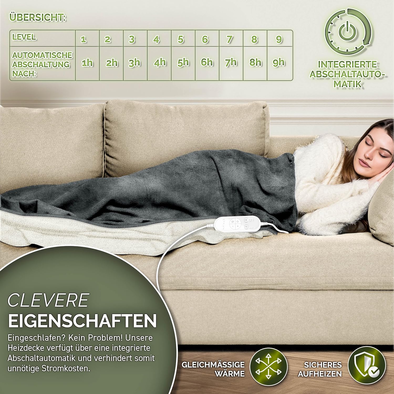 sinnlein® Elektrische deken met automatische uitschakeling, 200 x 180 cm, elektrische warmtedeken met 9 temperatuurniveaus, knuffeldeken, wasbaar, bed, bank, elektrische deken, met