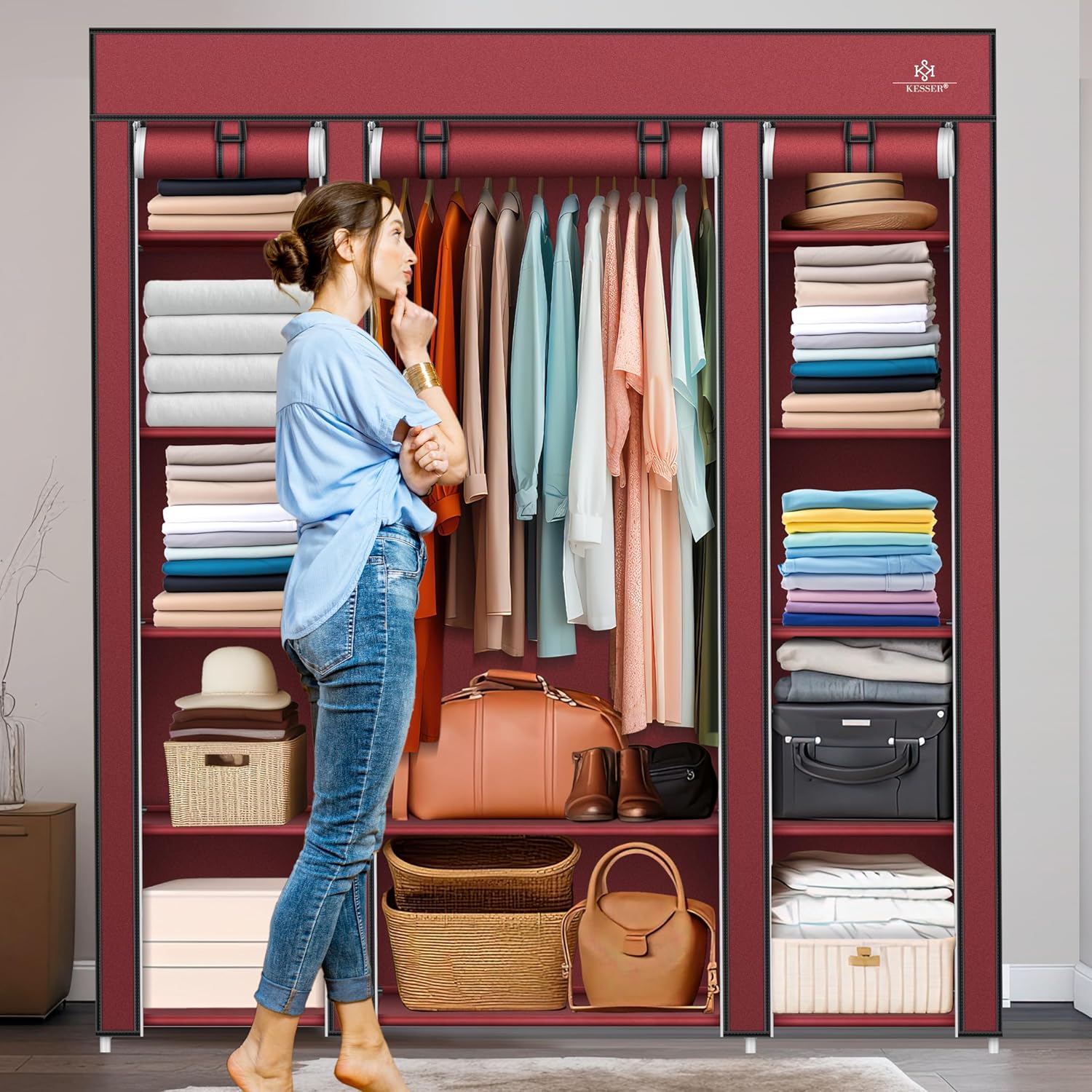 KESSER® Kledingkast stoffen kast stabiel met kledingstang en planken, incl. 5x kleerhangers, stoffen vouwkast voor slaapkamer, kleedkamer garderobe met kledingrek 150x45x175cm Bordeaux rood