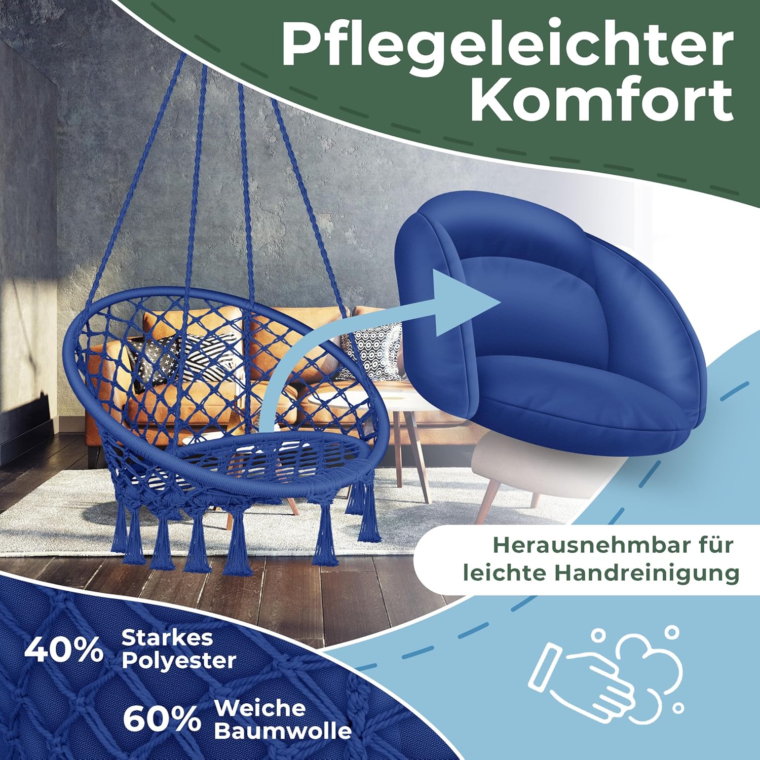 Hangstoel - Binnen & Buiten - Hangschommel - Tot 150kg - Blauw - KESSER®