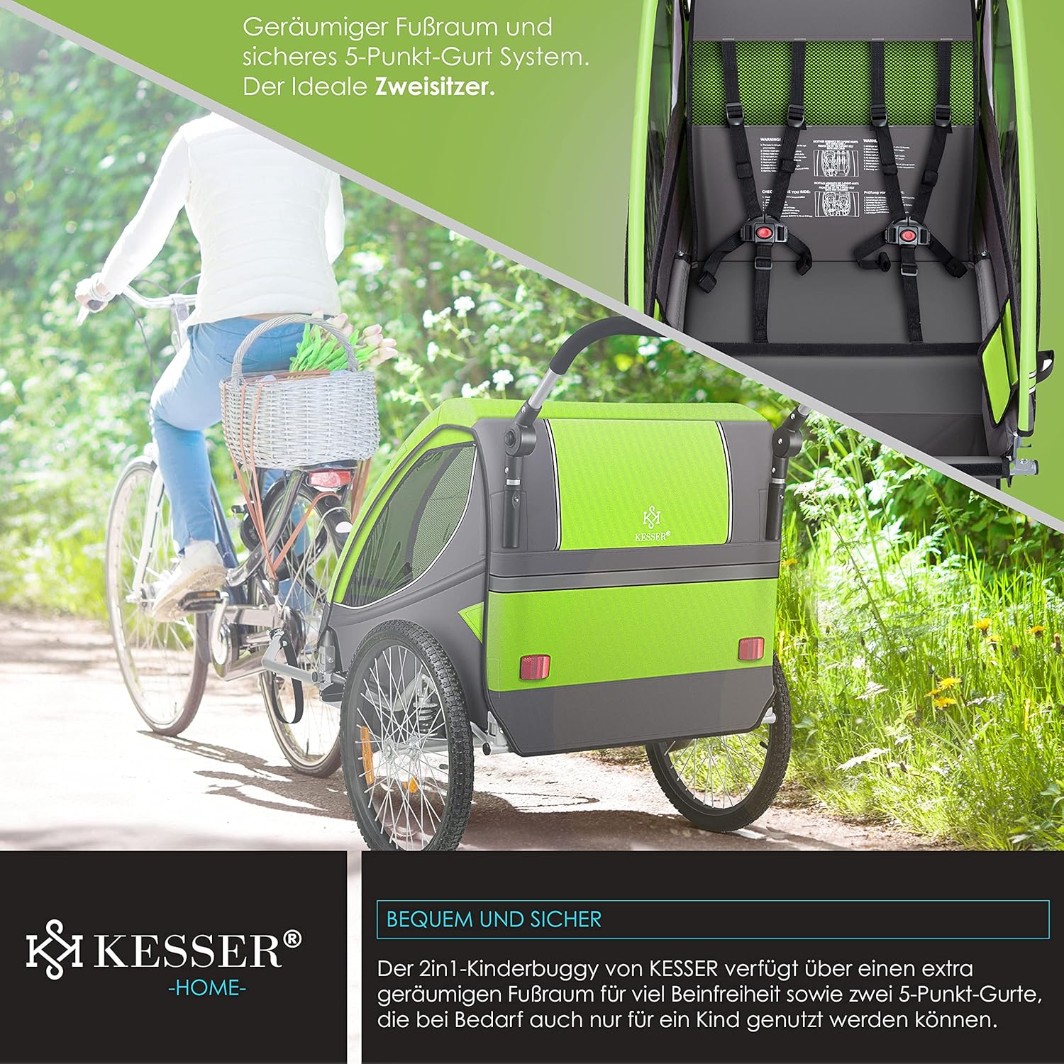 Fietskar kinderen - Fietsaanhanger - tot 40kg - Groen •