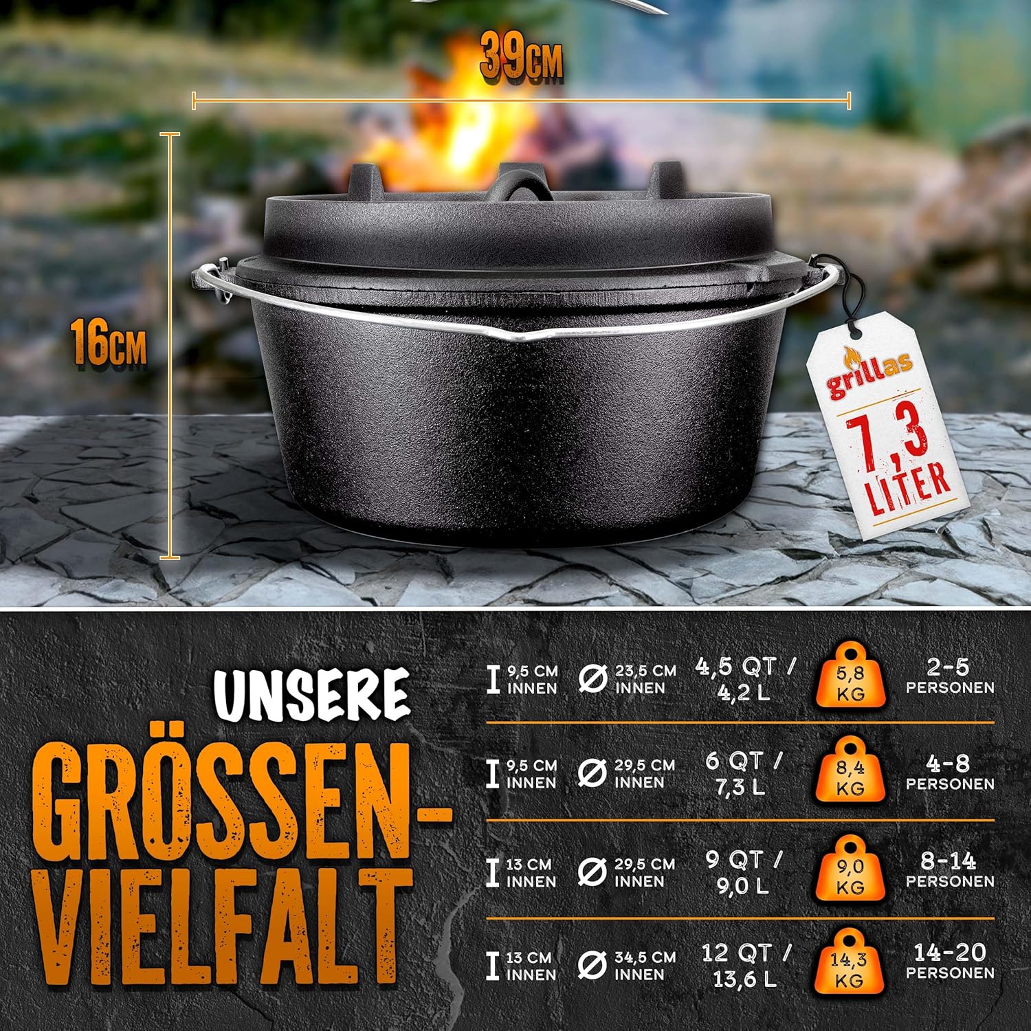 Grillas® Dutch Oven Set - 7,3L - Vuurpan - Stoofpan - Gietijzeren pan