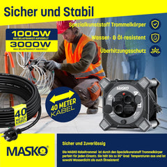 MASKO® Kabelhaspel, 40 m, verlengkabel met geaarde stopcontacten en wikkelgreep, outdoor kabelhaspel thermobescherming, apparaattrommel IP44, 1000 W ~ 3000 W, inclusief draaggreep en