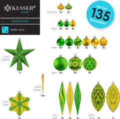 KESSER® Kerstballen, 135-delige set, met piek, kunststof kerstballen, onbreekbaar, met plastic kerstballen, box, kerstboomdecoratie en kerstboomversiering, groen/goud