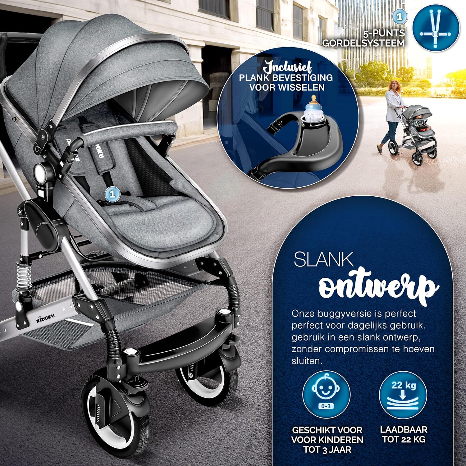 Kinderwagen 3 in 1 - Buggy - Wandelwagen - Kinderbuggy - Lichtgrijs - KIDUKU®