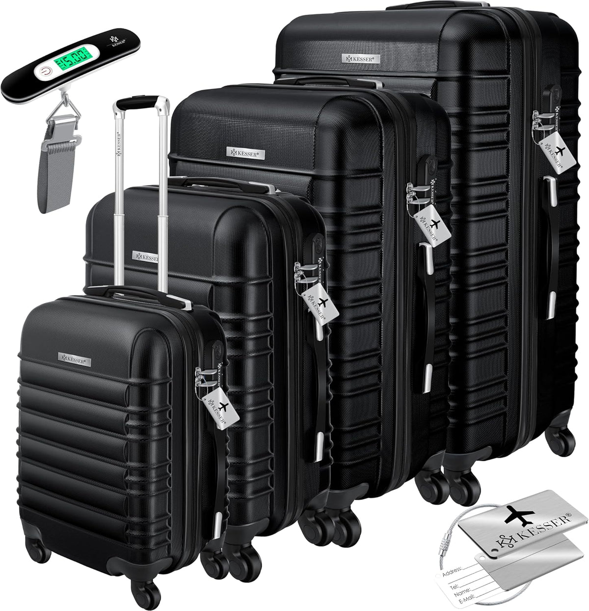 Kesser® 4-delige set koffers met harde schaal, Hard Shell Basic koffers met harde schaal, trolleys, reiskoffers, set reiskoffers, bagage, rolkoffers, slot, 4 wielen, acrylonitril-butadieen-styreen, telescopische handgrepen, S-M-L-XL