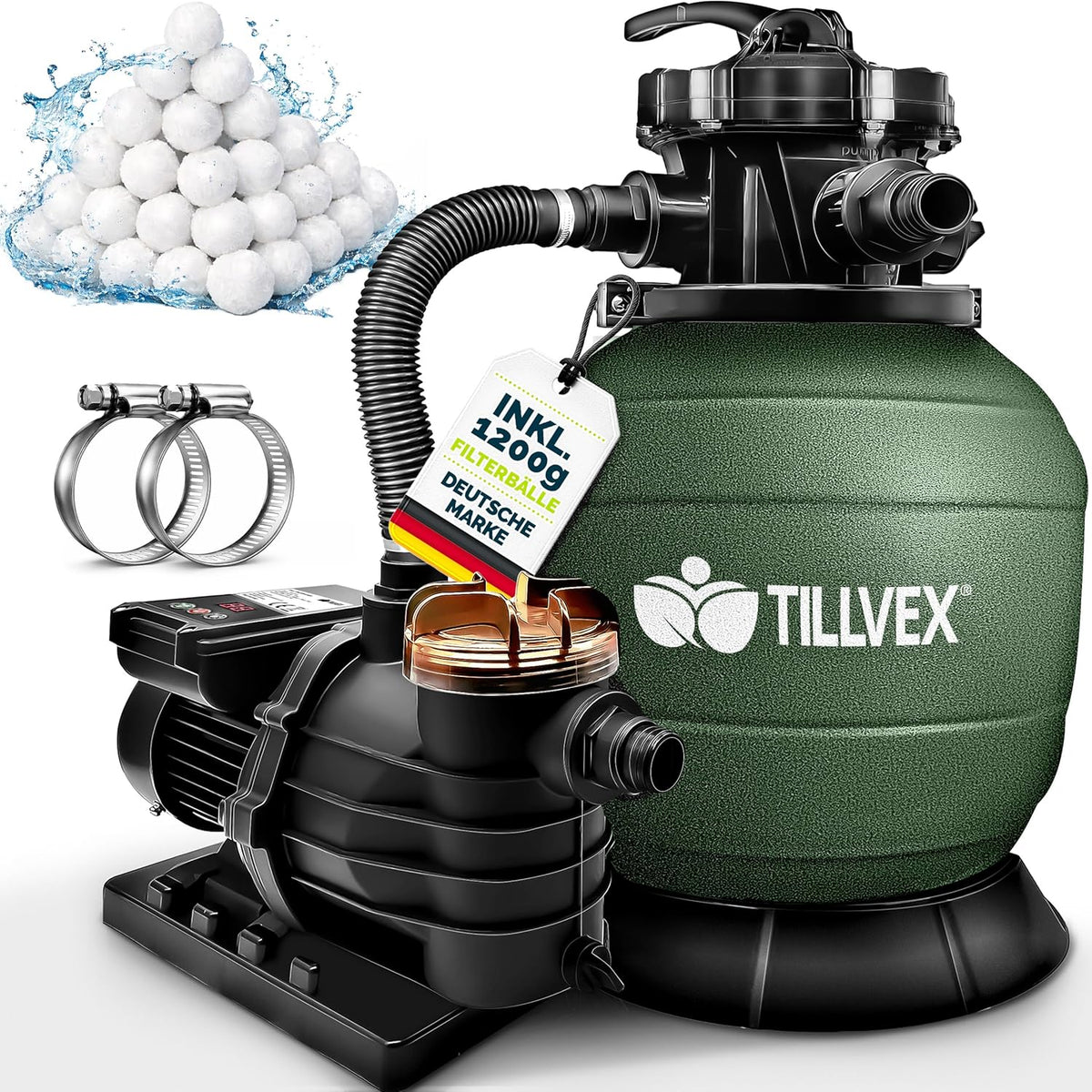 tillvex® Zandfilterinstallatie zwembad met timer, 13.200 l/h tot 40.000 l + 1200 g filterballen, filterinstallatie 7-weg ventiel en 2-in-1 adapter Ø 32-38 mm, zwembadfilter, zandfilter, zelfaanzuigend, groen