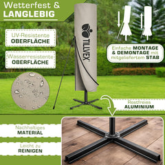 tillvex Rechthoekige aluminium parasol, diameter 330 cm + afdekking met zwengel, zweefparasol, aluminium, rechthoekig met standaard en windbescherming, tuinscherm, uv-bescherming, waterdicht, 360°, taupe •