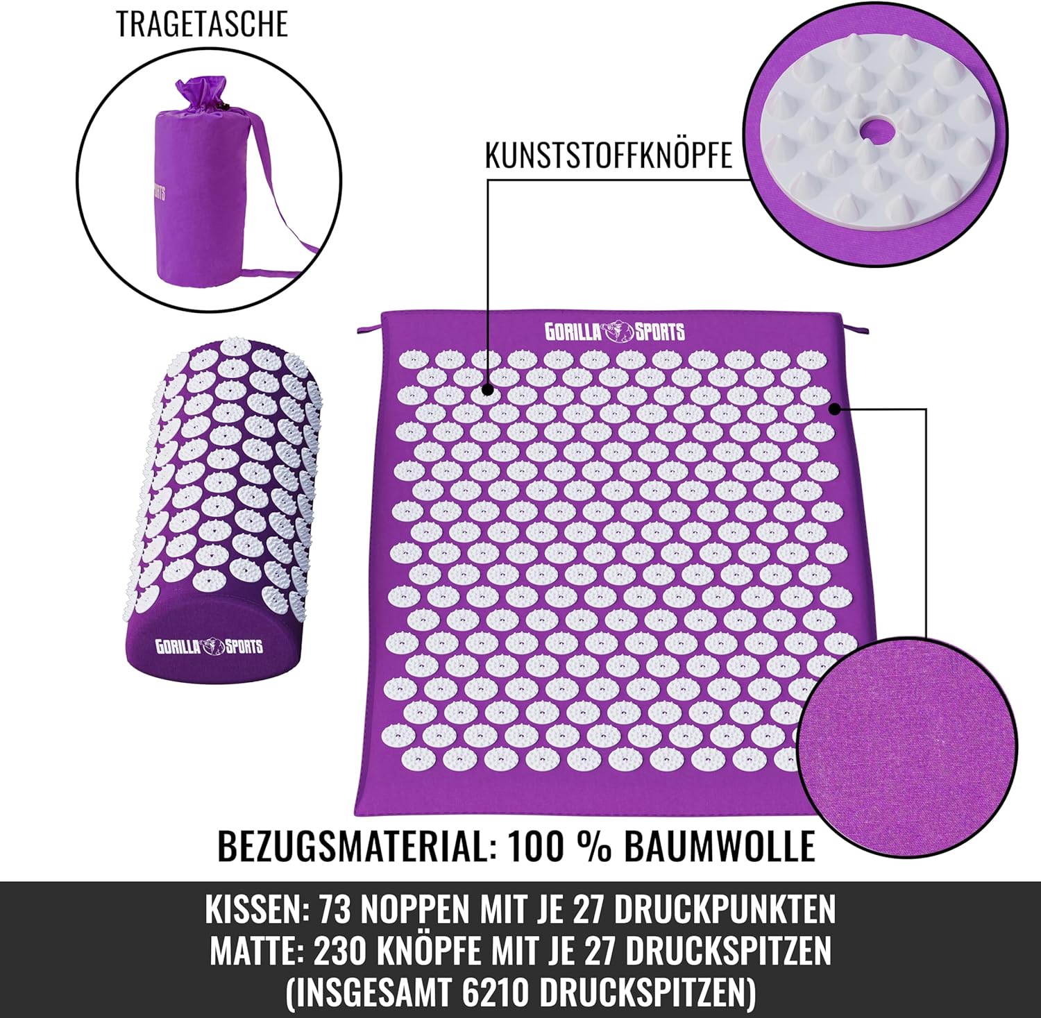 GORILLA SPORTS® Acupressuurmat, met ergonomische kussen en draagtas, 68 x 42 x 2,5 cm, wasbaar, van katoen, kleurkeuze, massagemat, nagelmat, acupunctuurmat