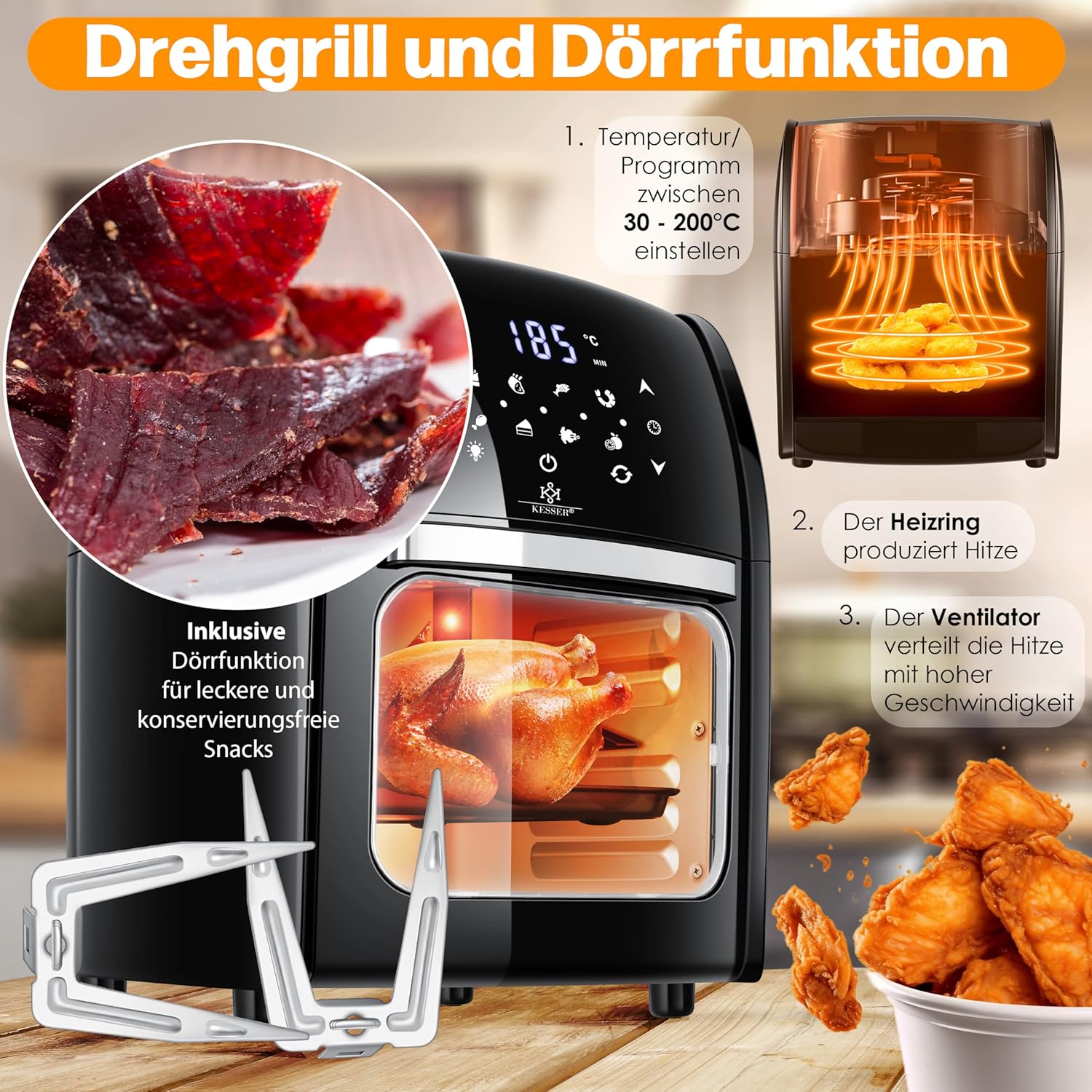 KESSER® XXL Airfryer - 9-in-1 - Heteluchtfriteuse - 1800W - Zwart •