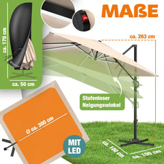 KESSER® Parasol zweefparasol SUN XL 300 x 300 cm incl. afdekking + windscherm draaibaar kantelbaar kantelbaar marktscherm groot 360° rotatie, tuinscherm met zwengel zonwering UV50+, beige