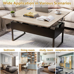 MSFE 4-in-1 salontafel met opbergruimte, salontafel met opklapbaar bovenblad, uitschuifbaar bureaublad tot 100 * 100 cm voor 4-6 personen voor eettafel, uitschuifbaar in hoogte verstelbaar salontafelblad met 2 grote en 1 kleine tafelblad