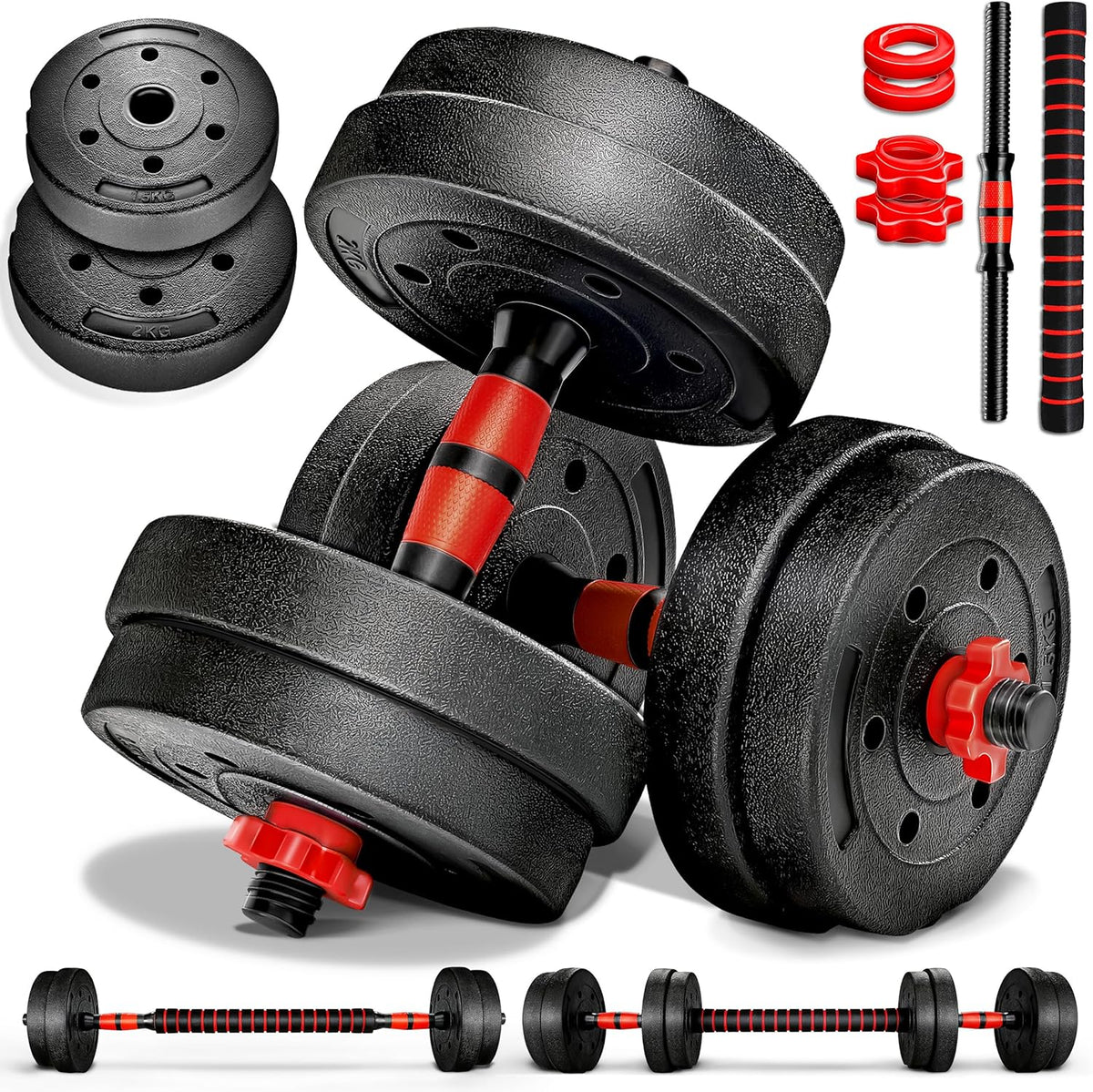 Dumbells set - Gewichten set - Halterset - Verstelbaar - 15 kg - Rood - RE:SPORT