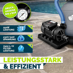 tillvex® Zandfilterinstallatie zwembad met timer 7.900L/u incl. 400g filterballen | Filterinstallatie 7-weg ventiel & 2in1 adapter Ø32mm - 38mm | zwembadfilter met drukweergave zandfilter zwembad - met timer