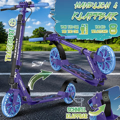 RE:SPORT® Citystep voor kinderen en volwassenen met led, bel en draagriem, Kickscooter step incl. handrem & dubbele vering, paars