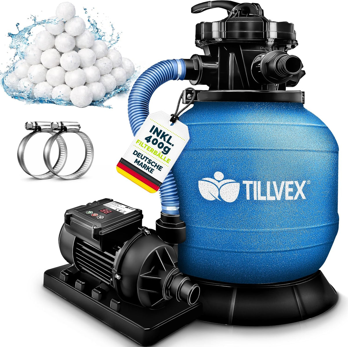 tillvex® Zandfilterinstallatie zwembad met timer 7.900L/u incl. 400g filterballen | Filterinstallatie 7-weg ventiel & 2in1 adapter Ø32mm - 38mm | zwembadfilter met drukweergave zandfilter zwembad