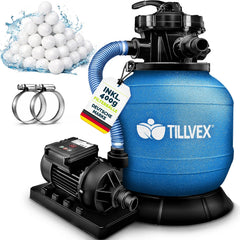 tillvex® Zandfilterinstallatie zwembad met timer 7.900L/u incl. 400g filterballen | Filterinstallatie 7-weg ventiel & 2in1 adapter Ø32mm - 38mm | zwembadfilter met drukweergave zandfilter zwembad