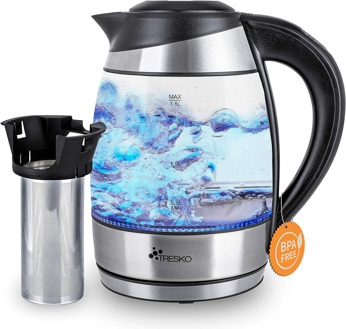 Waterkoker glas - met LED - 1.8L - 2200W - Zilver - TRESKO