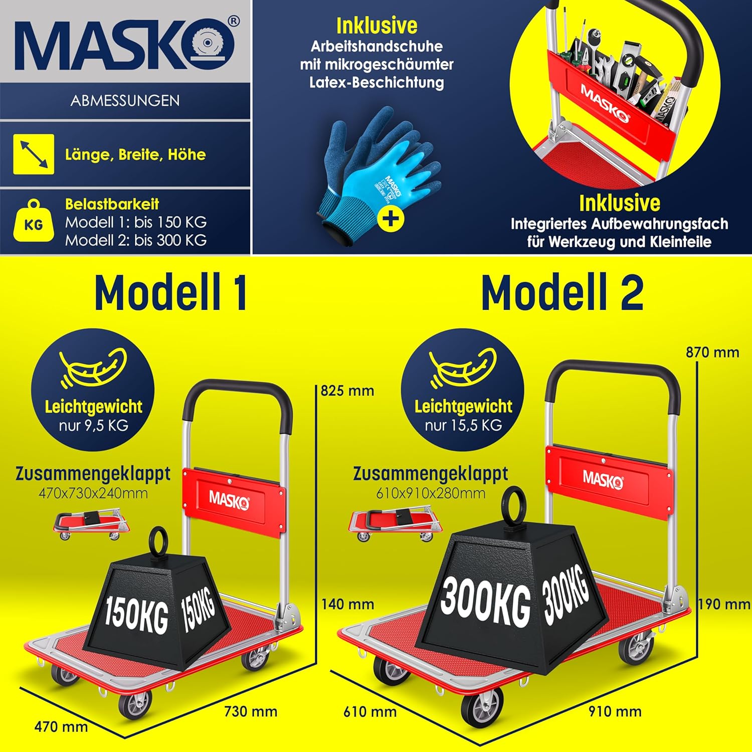 MASKO® Platformwagen, transportwagen, magazijnwagen, inklapbaar, incl. werkhandschoenen, parkeerrem, transporthulp, met 6 veiligheidsogen, 360° zwenkwielen, pakketwagen vouwwagen (rood, 150 kg)